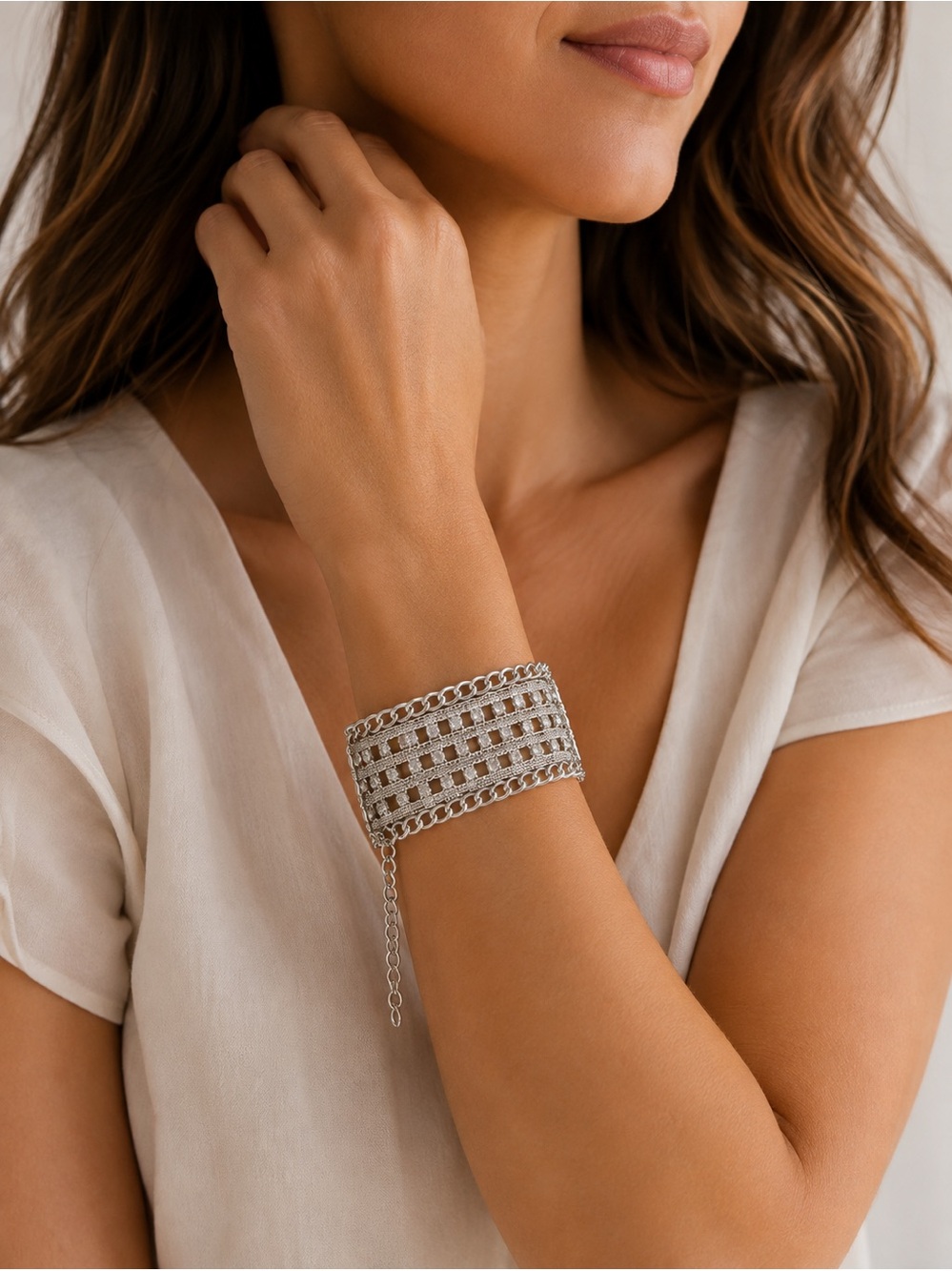 Silver-Tone Statement Chain Mesh Bracelet – Adjustable